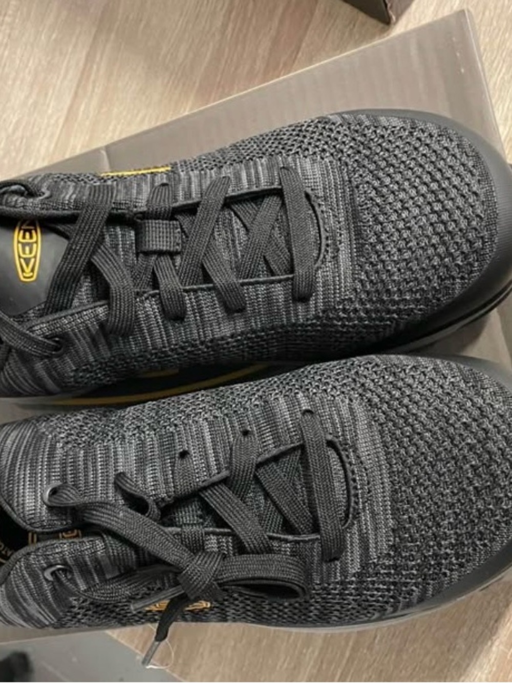 Keen Men's Black Knit Lace-Up Sneakers with Yellow Logo Accent